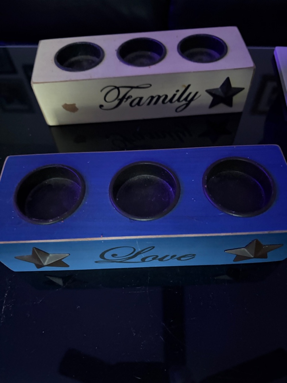 Love & Family Wooden Triple Tea Light Holder - Blue and White